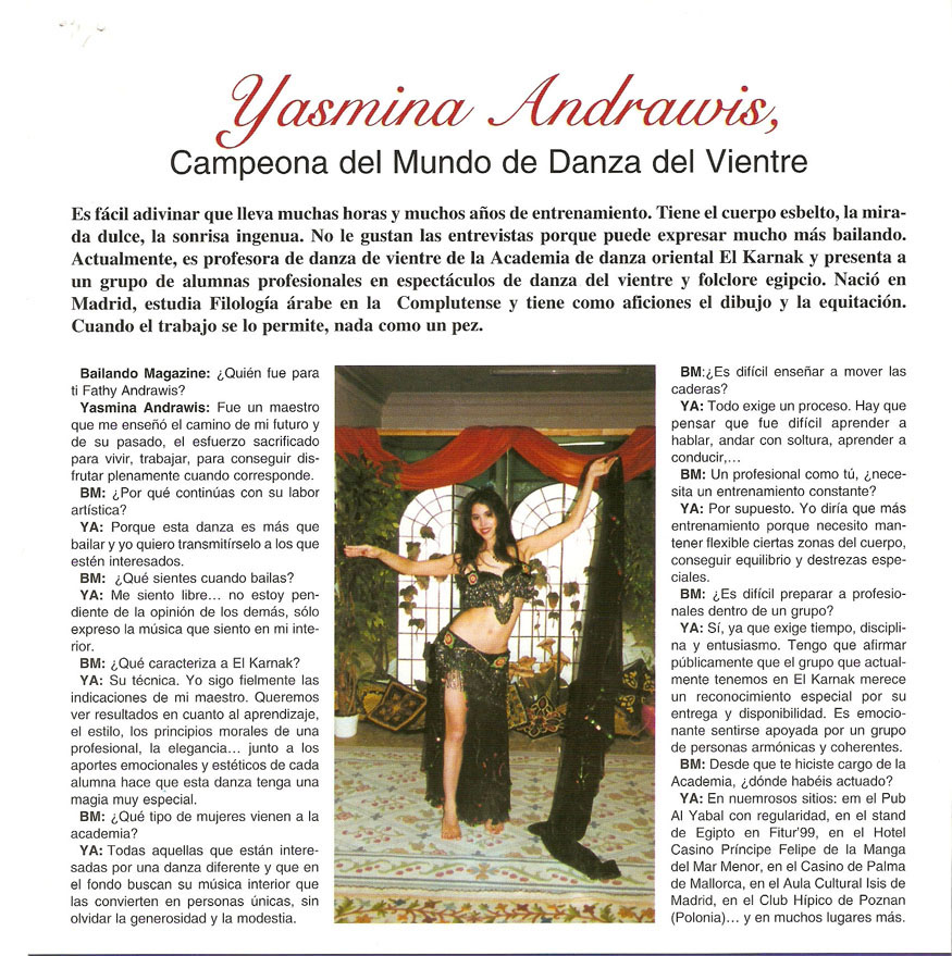 Reportajes de prensa de Yasmina Andrawis y la Academia Danza Oriental El Karnak en revista bailando