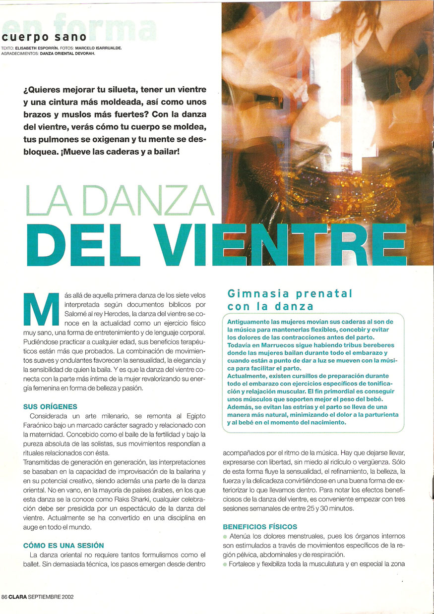 Reportajes de prensa de Yasmina Andrawis y la Academia Danza Oriental El Karnak en revista Clara