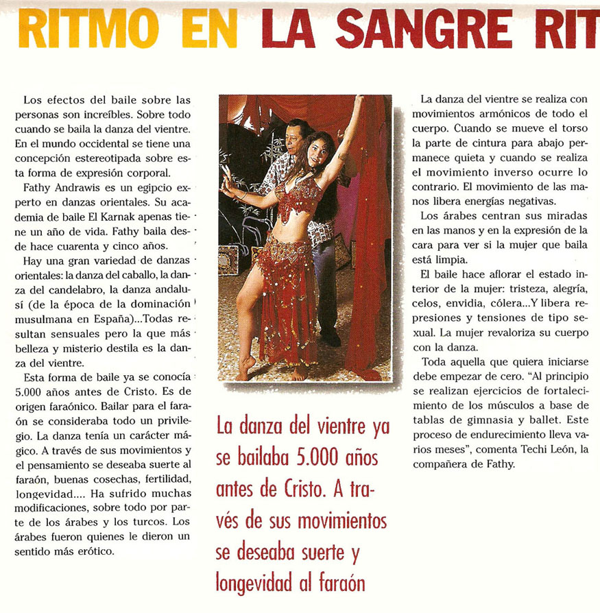 Reportajes de prensa de Yasmina Andrawis y la Academia Danza Oriental El Karnak en revista avenida