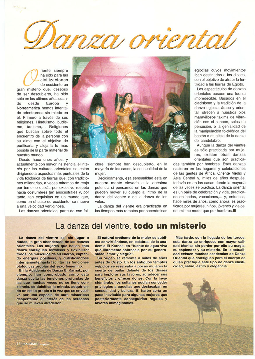 Reportajes de prensa de Yasmina Andrawis y la Academia Danza Oriental El Karnak en revista bailando