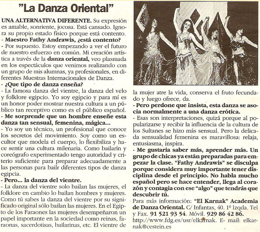 Reportajes de prensa de Yasmina Andrawis y la Academia Danza Oriental El Karnak en revista Guia del ocio