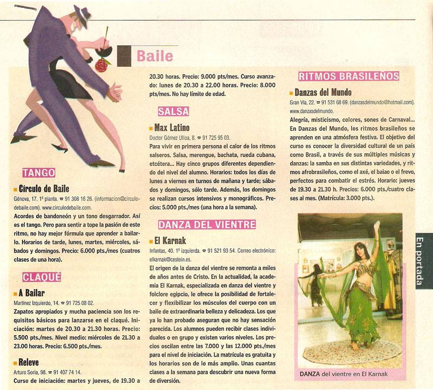 Reportajes de prensa de Yasmina Andrawis y la Academia Danza Oriental El Karnak en revista Guia de Madrid