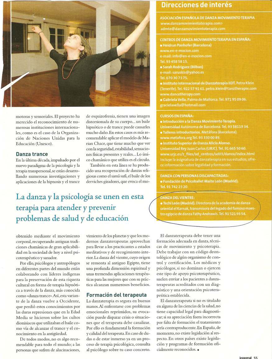 Reportajes de prensa de Yasmina Andrawis y la Academia Danza Oriental El Karnak en revista Integral