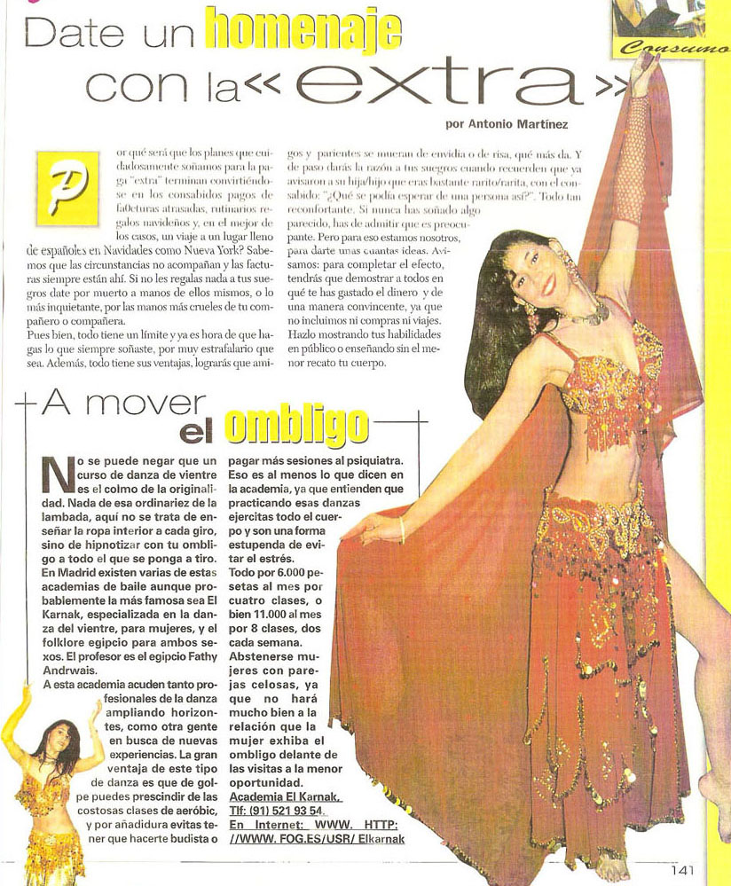 Reportajes de prensa de Yasmina Andrawis y la Academia Danza Oriental El Karnak en revista de Lujo Millionario
