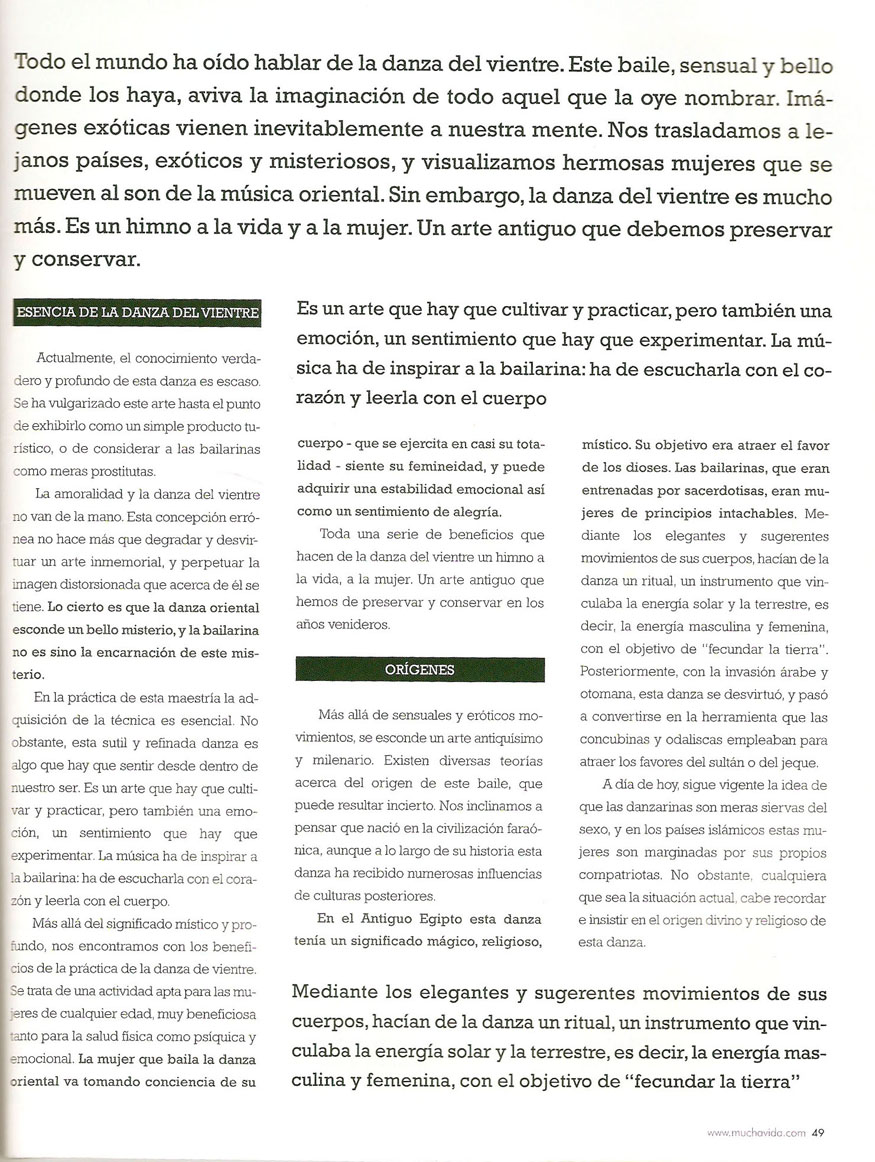 Reportajes de prensa de Yasmina Andrawis y la Academia Danza Oriental El Karnak en revista Mucha Vida