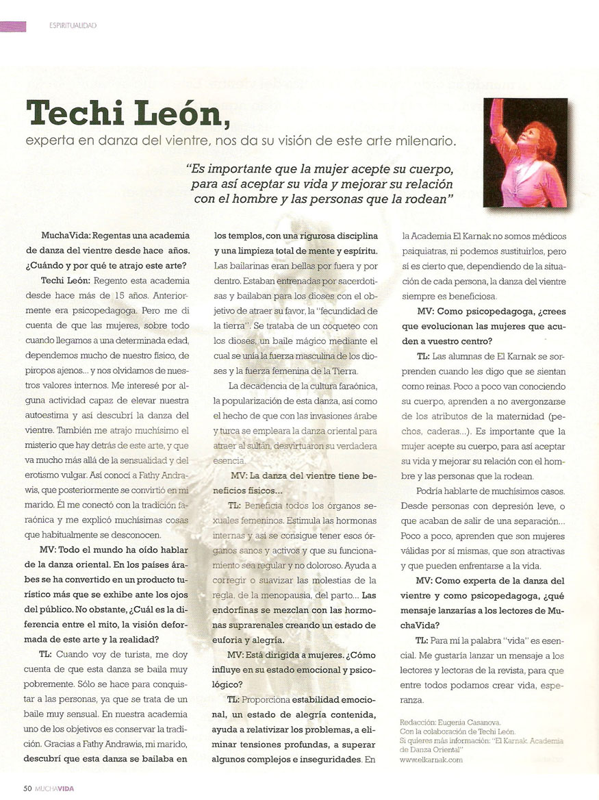 Reportajes de prensa de Yasmina Andrawis y la Academia Danza Oriental El Karnak en revista Mucha Vida