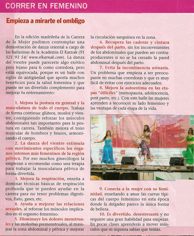 Reportajes de prensa de Yasmina Andrawis y la Academia Danza Oriental El Karnak en revista de deportes Runners