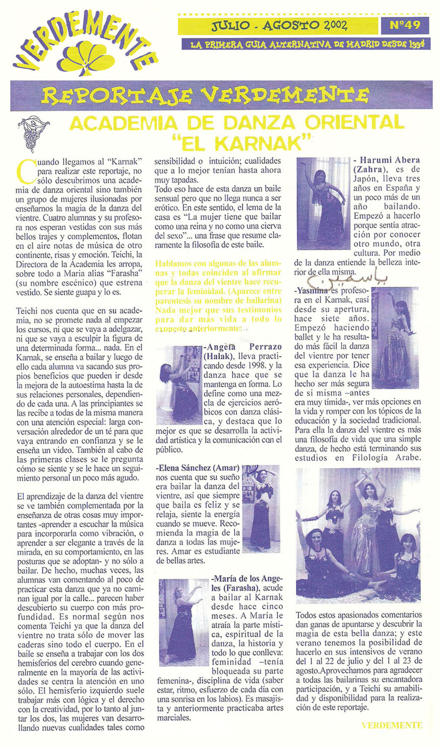 Reportajes de prensa de Yasmina Andrawis y la Academia Danza Oriental El Karnak en revista Verdemente