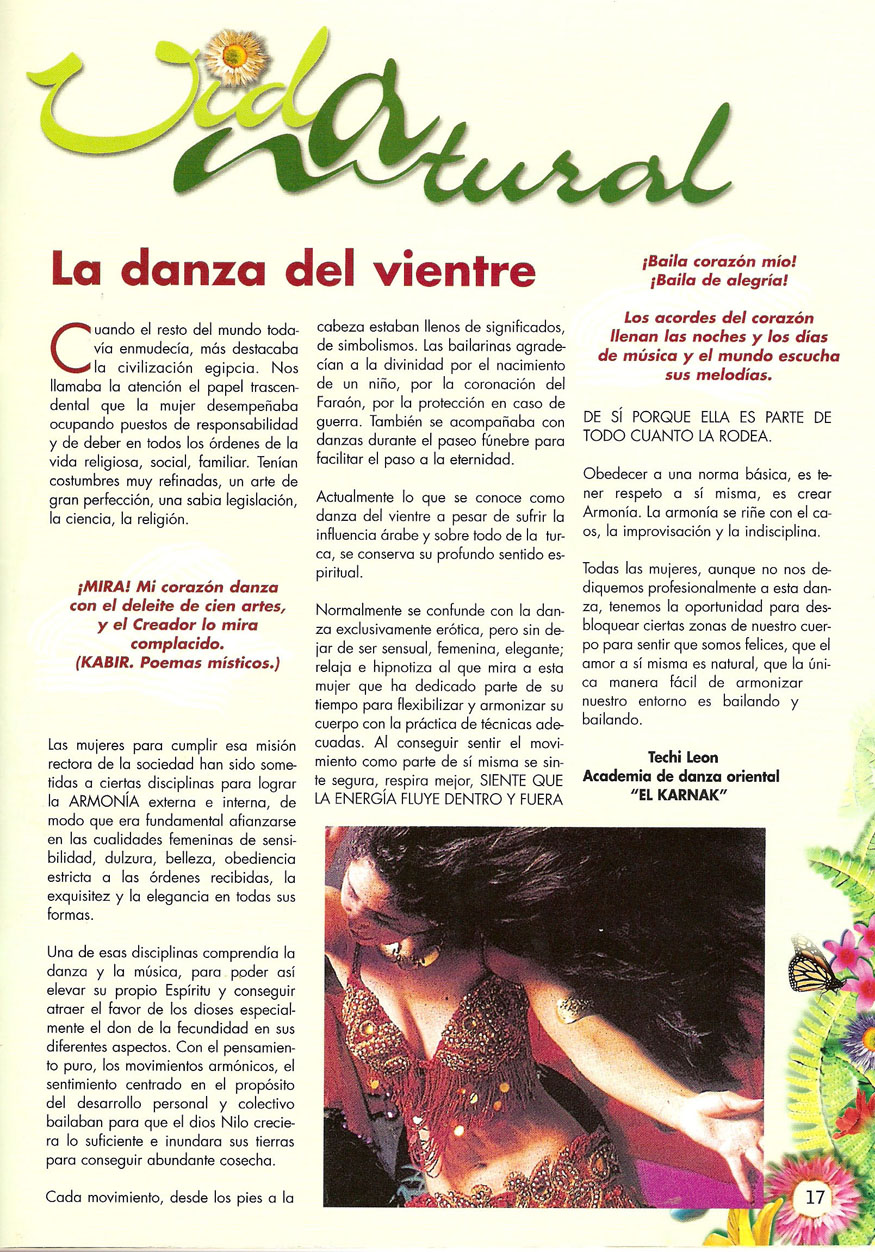 Reportajes de prensa de Yasmina Andrawis y la Academia Danza Oriental El Karnak en revista Vida Actual